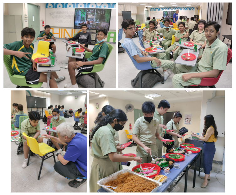 Students in uniforms eating and serving food at tables in a school cafeteria during a group meal event.